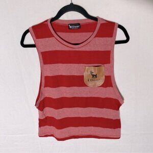 5/$25 iDeer Red Pink Striped Sleeveless Crop Top W Faux Leather Chest Pocket M